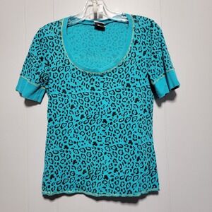 Y2K Vintage 90s Ransom Turquoise Black Leopard Print Scoop Neck Tee Shirt Top XL
